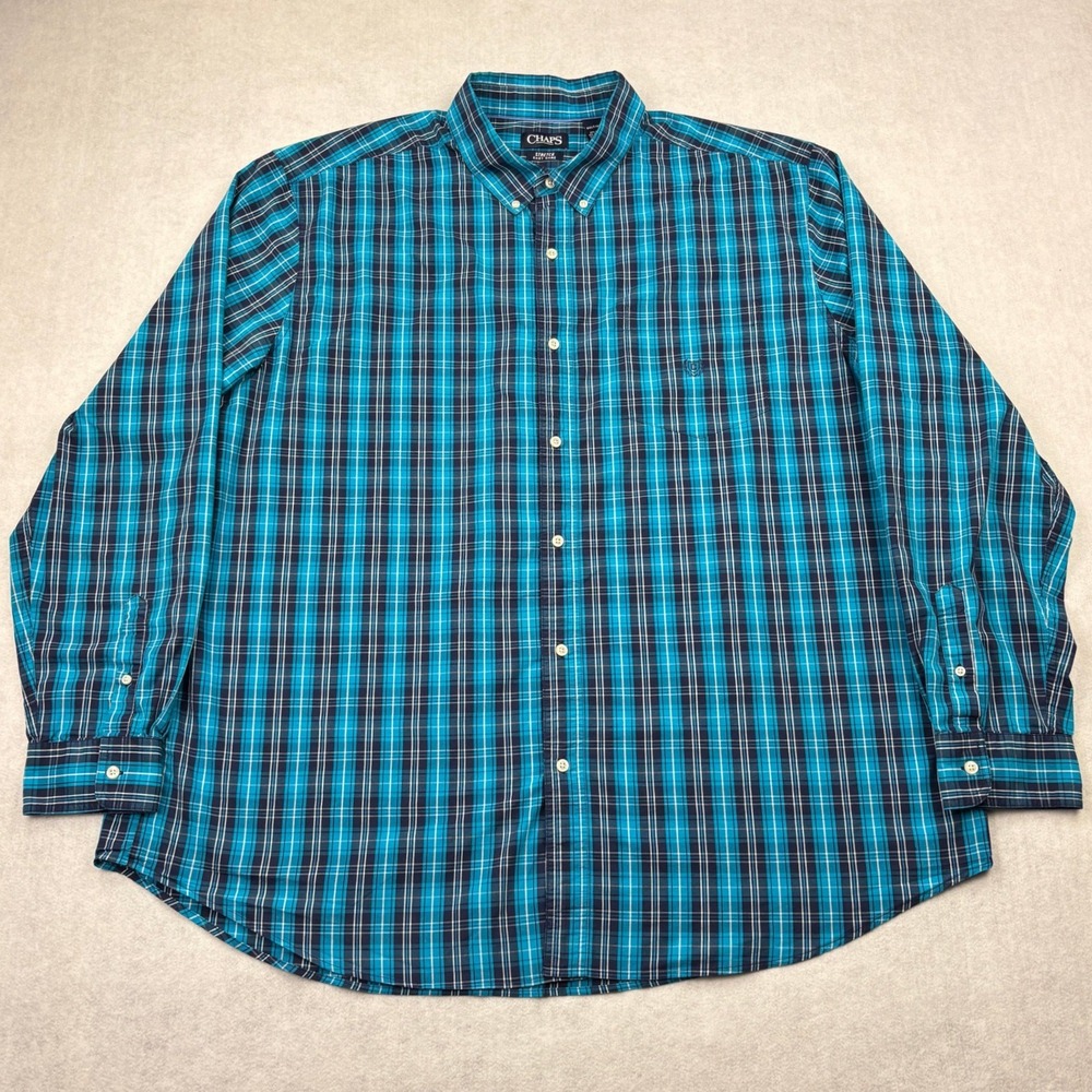 Chaps Shirt Mens 3XLT Teal Turquoise Blue Plaid Button Down Stretch Easy Care
